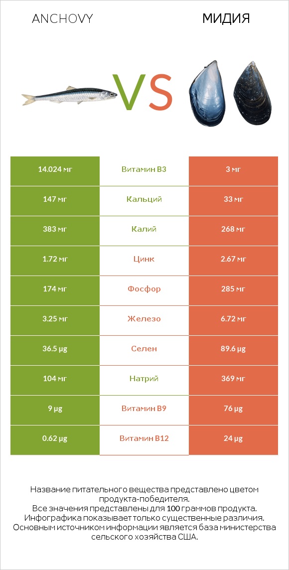 Anchovy vs Мидия infographic