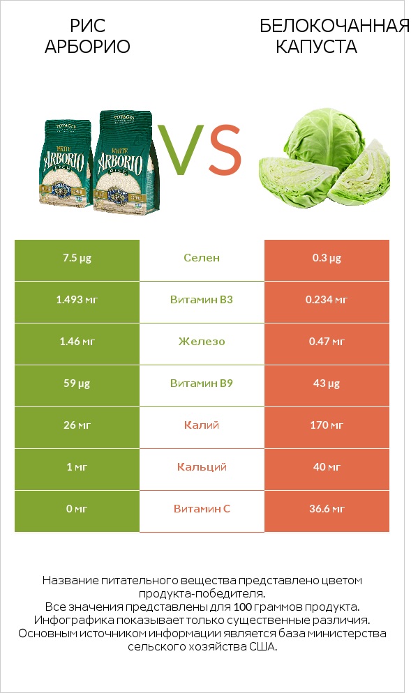 Рис арборио vs Белокочанная капуста infographic