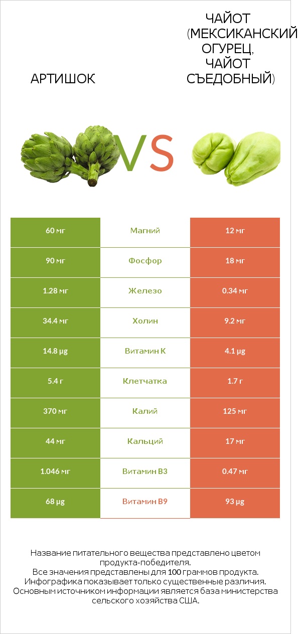 Артишок vs Чайот (мексиканский огурец, чайот съедобный)  infographic