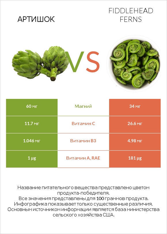 Артишок vs Fiddlehead ferns infographic
