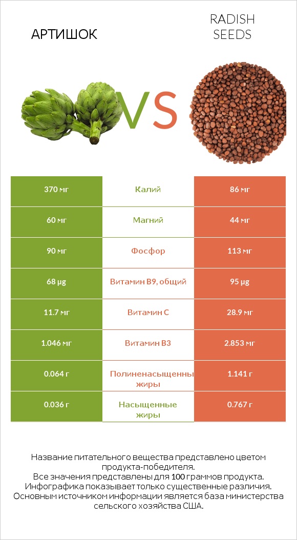 Артишок vs Radish seeds infographic