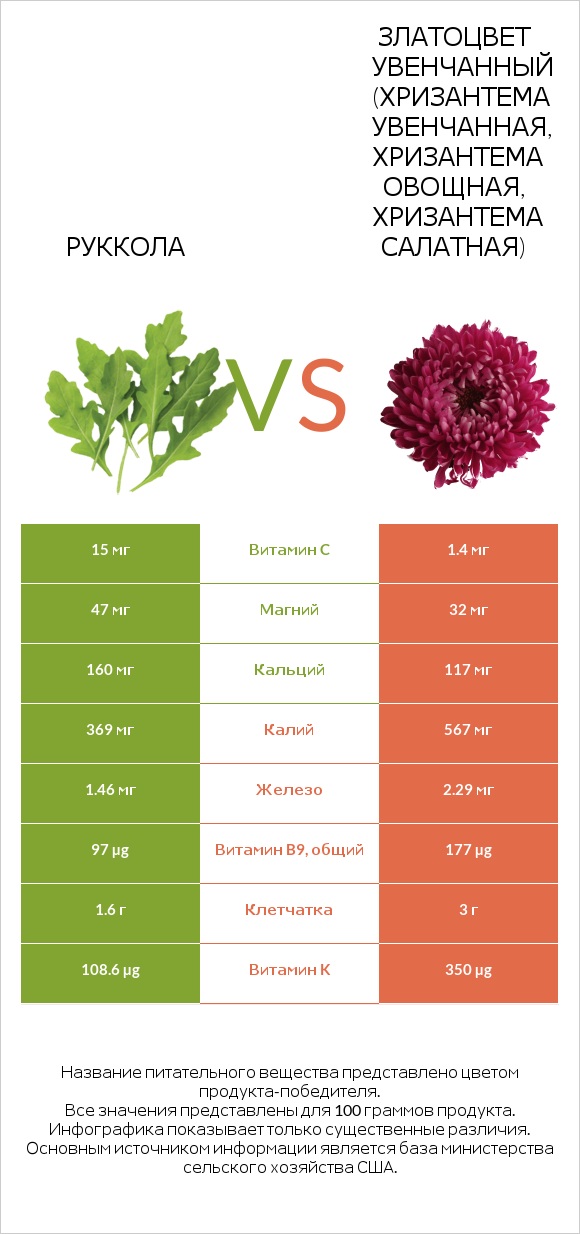 Руккола vs Златоцвет увенчанный (хризантема увенчанная, хризантема овощная, хризантема салатная) infographic