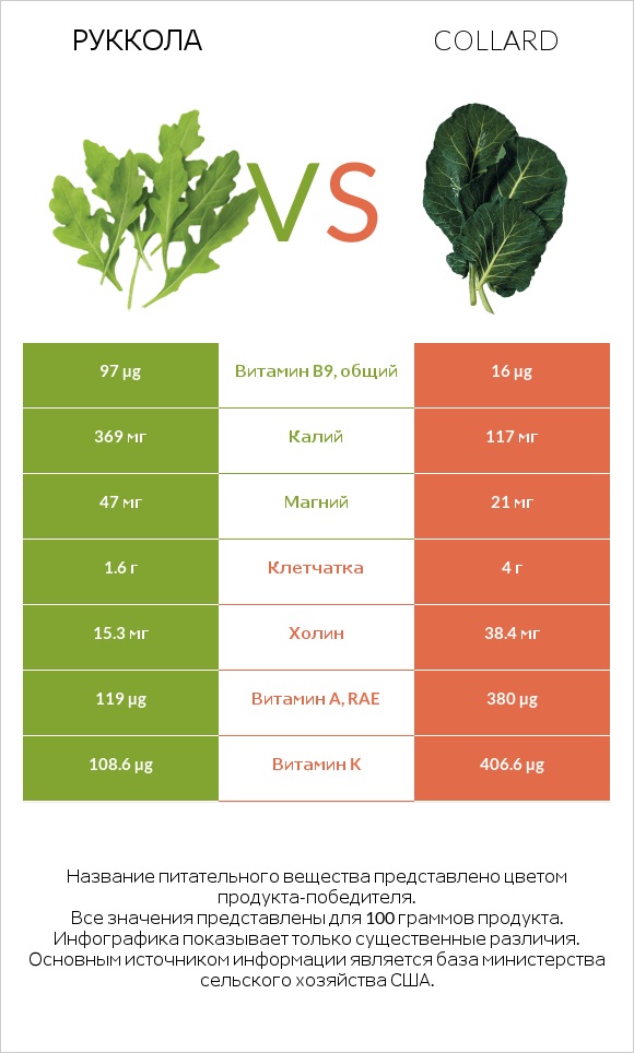 Руккола vs Коллард (капуста листовая) infographic