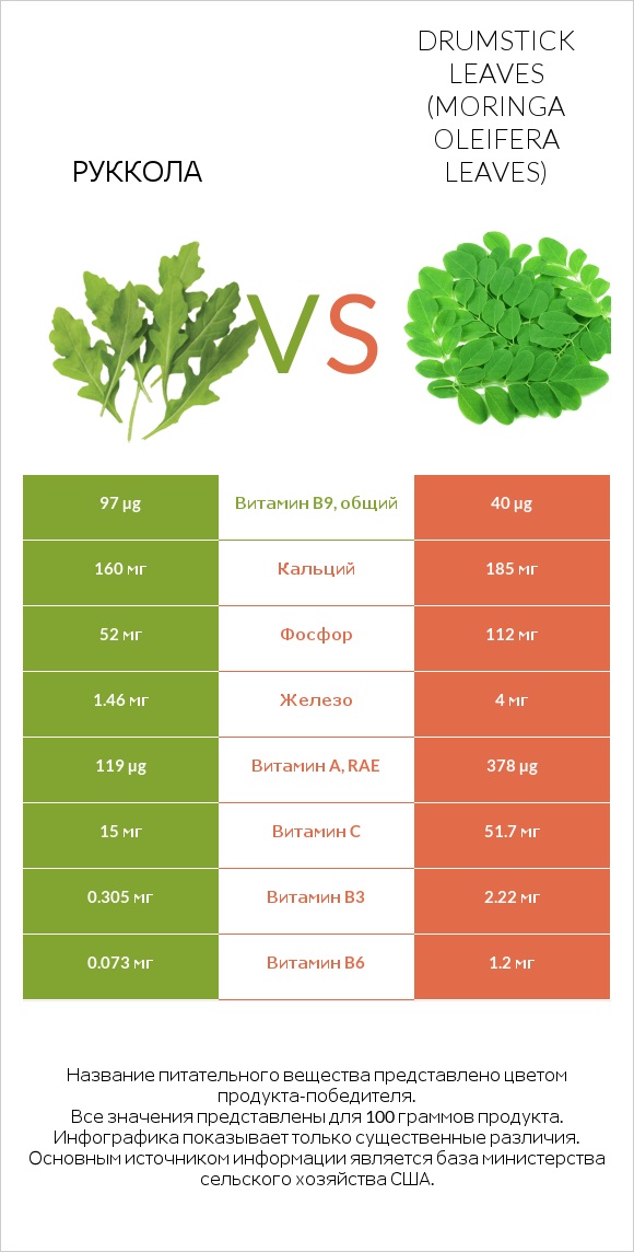 Руккола vs Листья моринги infographic