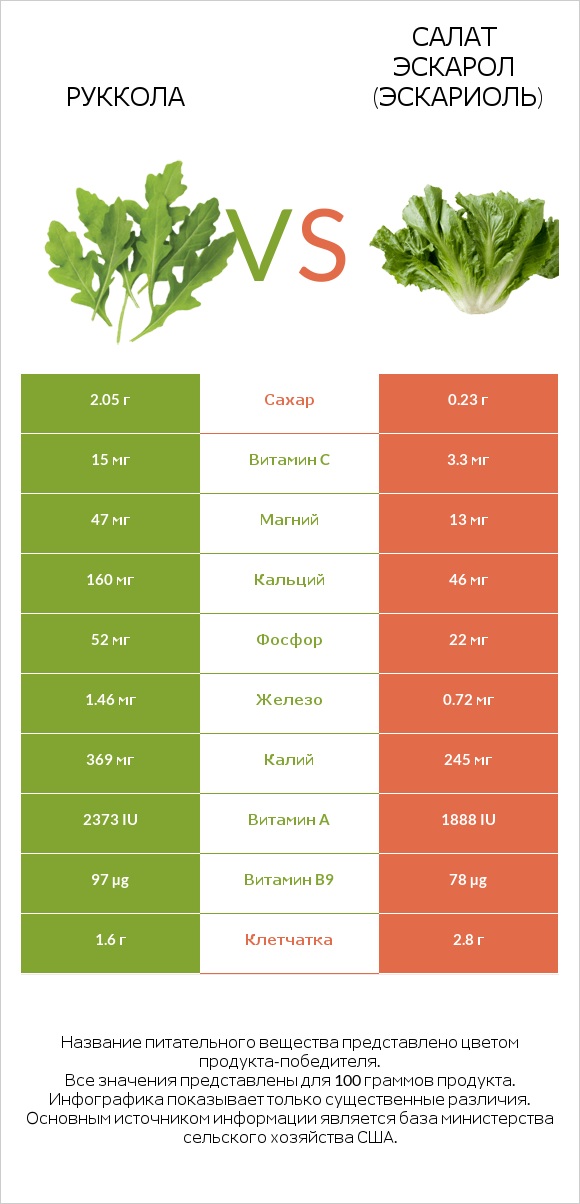 Руккола vs Салат Эскарол (эскариоль) infographic