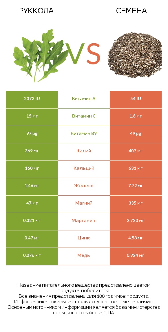 Руккола vs Семена infographic