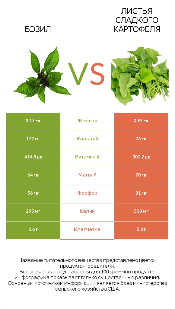 Бэзил vs Листья сладкого картофеля infographic