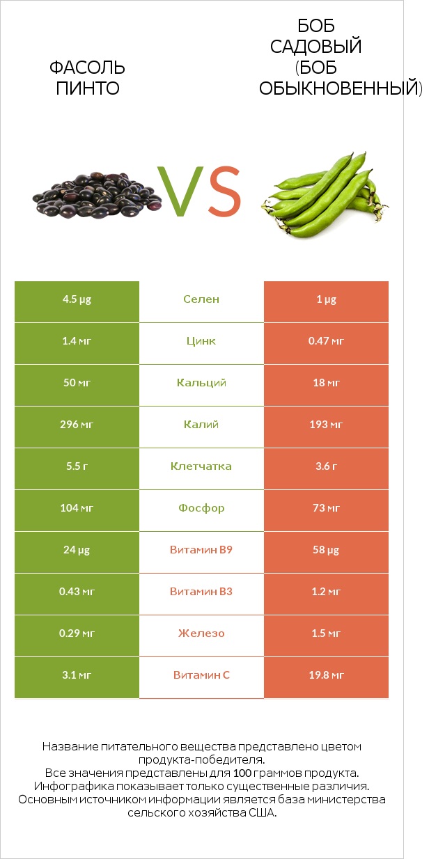 Фасоль пинто сырой vs Боб садовый (Боб обыкновенный) infographic