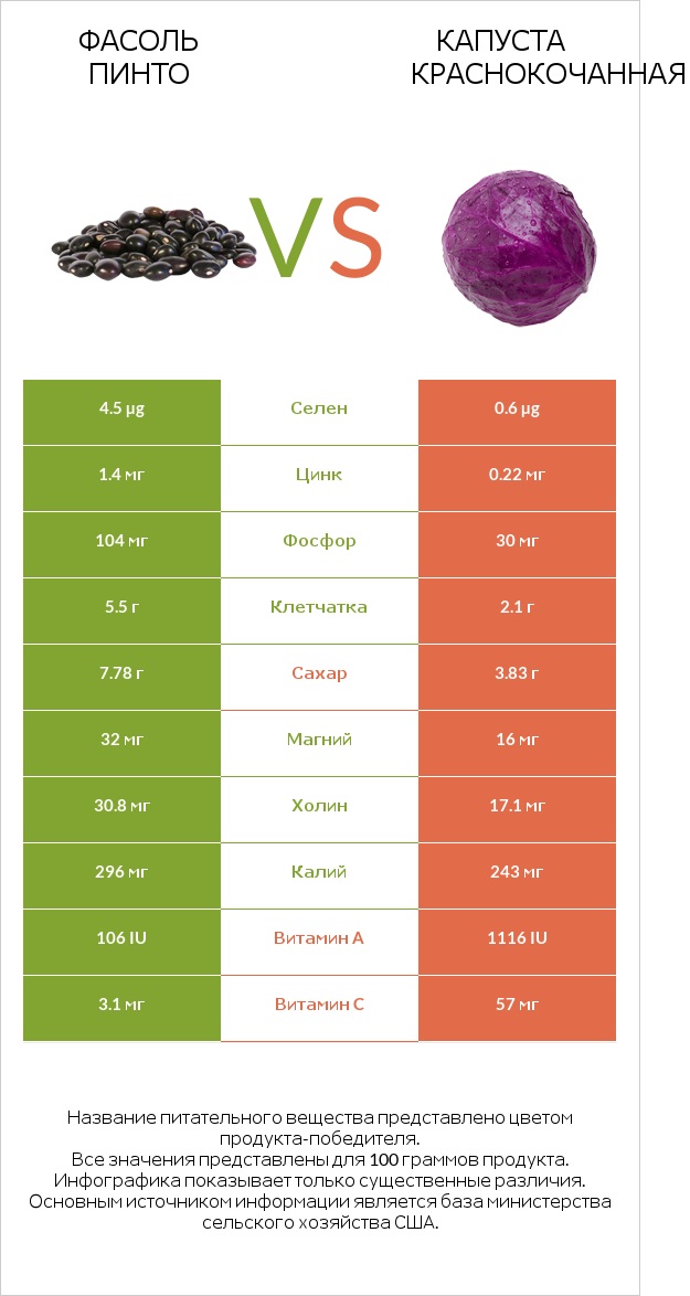 Фасоль пинто vs Капуста краснокочанная infographic