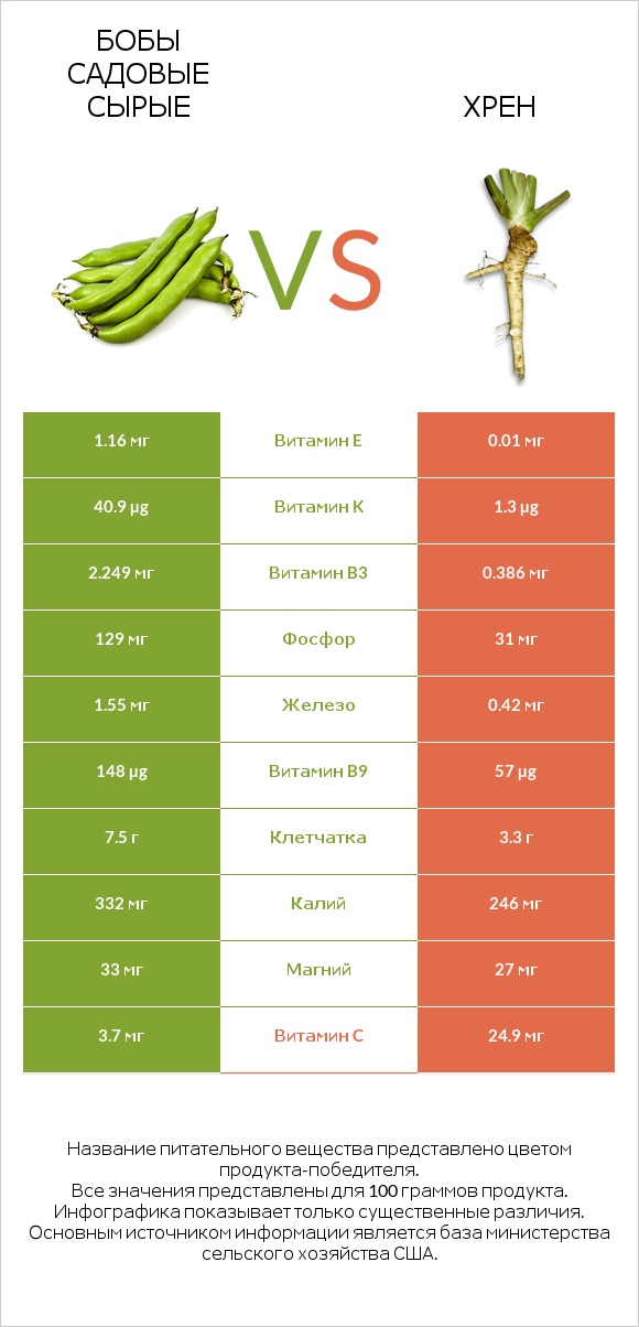 Бобы садовые сырые vs Хрен infographic