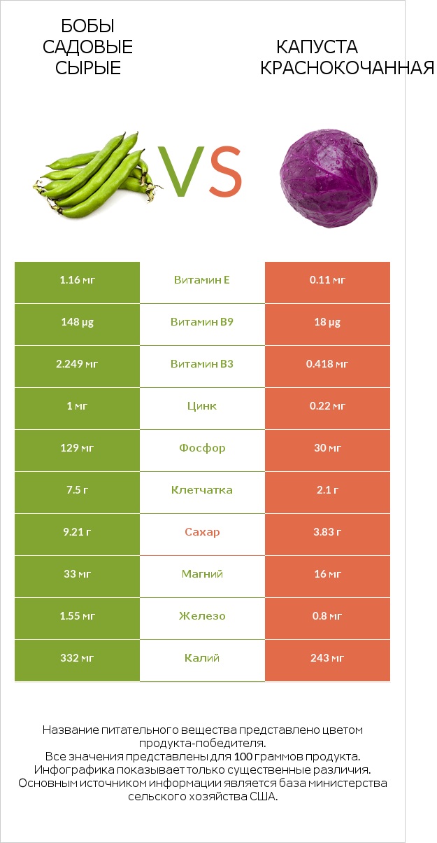 Бобы садовые сырые vs Капуста краснокочанная infographic