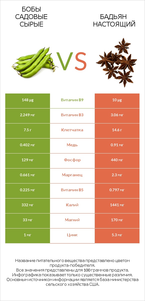 Бобы садовые сырые vs Бадьян настоящий infographic