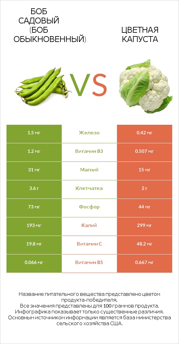 Боб садовый (Боб обыкновенный) vs Цветная капуста infographic