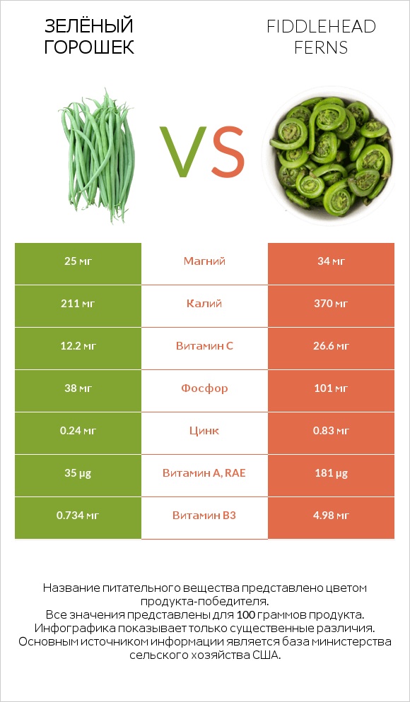Зелёный горошек vs Fiddlehead ferns infographic