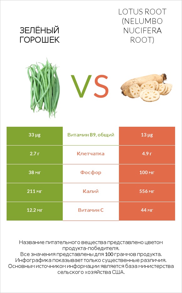 Зелёный горошек vs Lotus root infographic