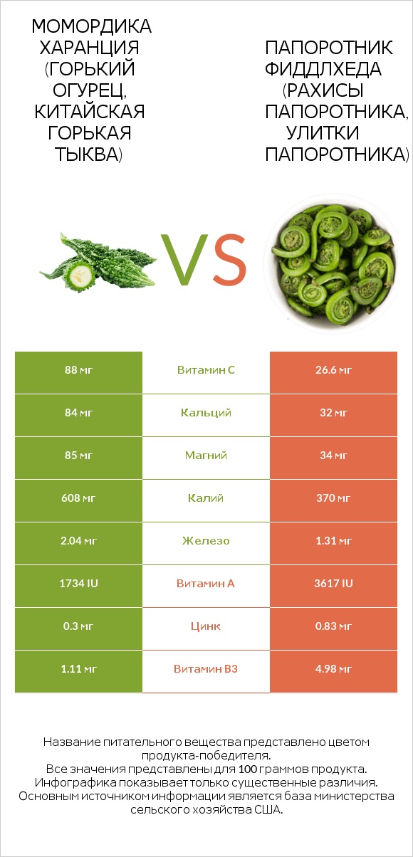 Момордика харанция (горький огурец, китайская горькая тыква) vs Папоротник Фиддлхеда (Рахисы папоротника, улитки папоротника) infographic