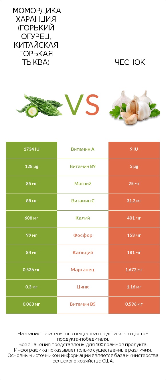 Bitter gourd (Momordica charantia, bitter melon, balsam pear) vs Чеснок infographic