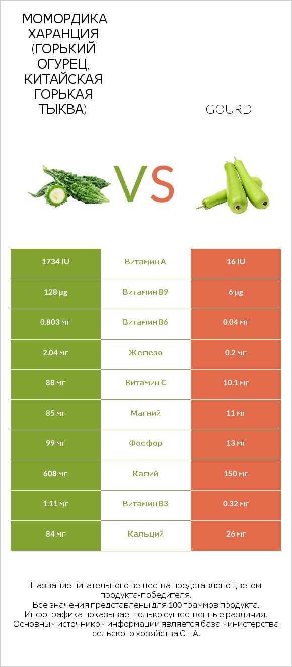 Момордика харанция (горький огурец, китайская горькая тыква) vs Gourd infographic