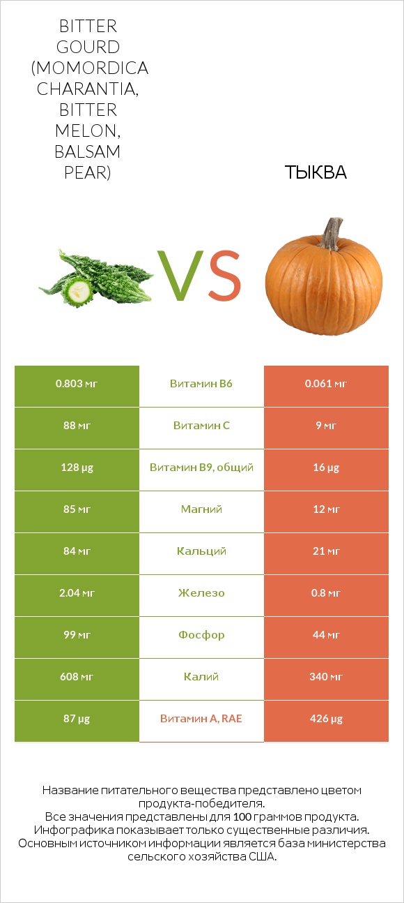 Bitter gourd (Momordica charantia, bitter melon, balsam pear) vs Тыква infographic