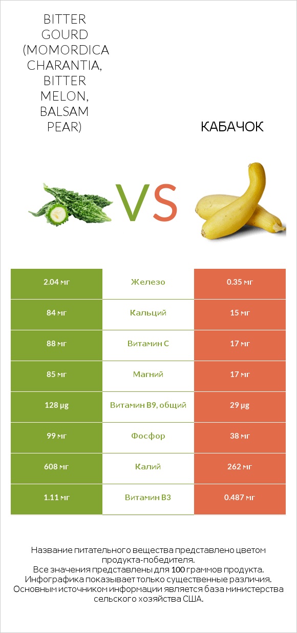 Bitter gourd (Momordica charantia, bitter melon, balsam pear) vs Кабачок infographic