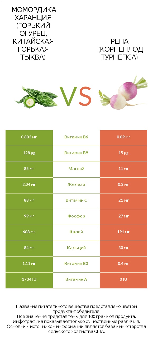 Bitter gourd (Momordica charantia, bitter melon, balsam pear) vs Турнепс (репа) infographic