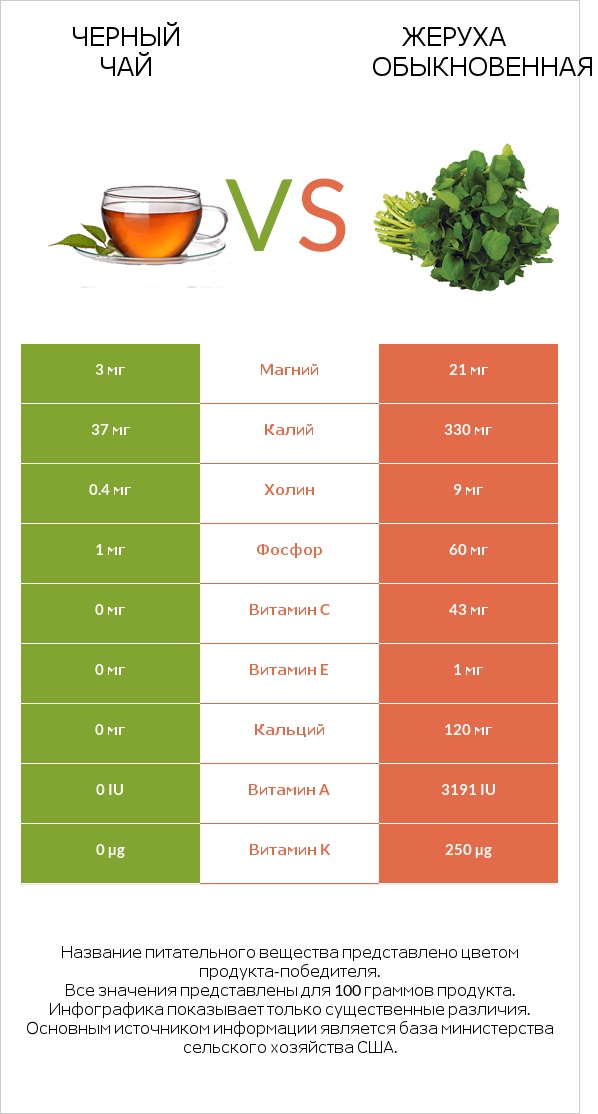 Черный чай vs Жеруха обыкновенная infographic