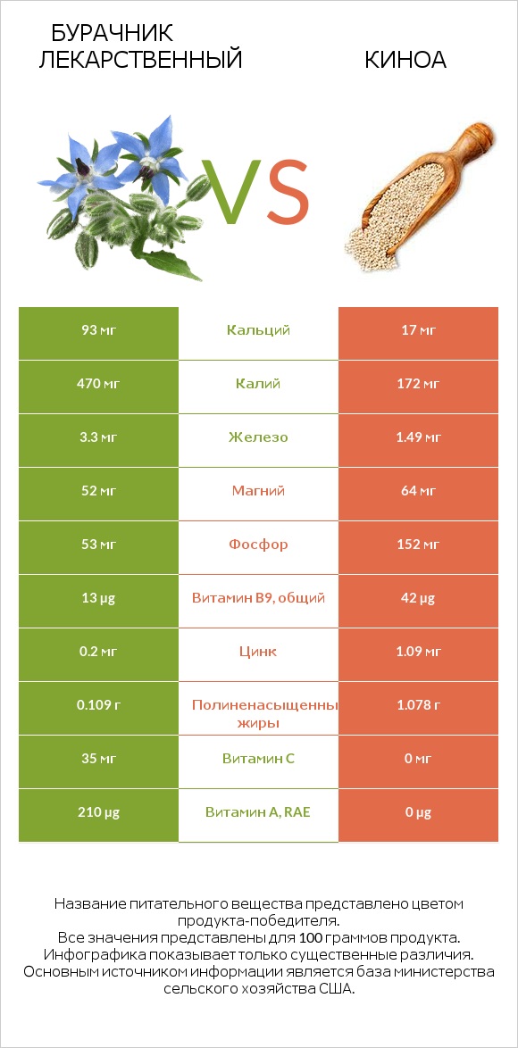 Бурачник лекарственный vs Киноа infographic