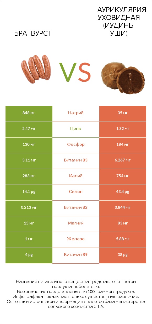 Братвурст vs Аурикулярия уховидная (Иудины уши) infographic