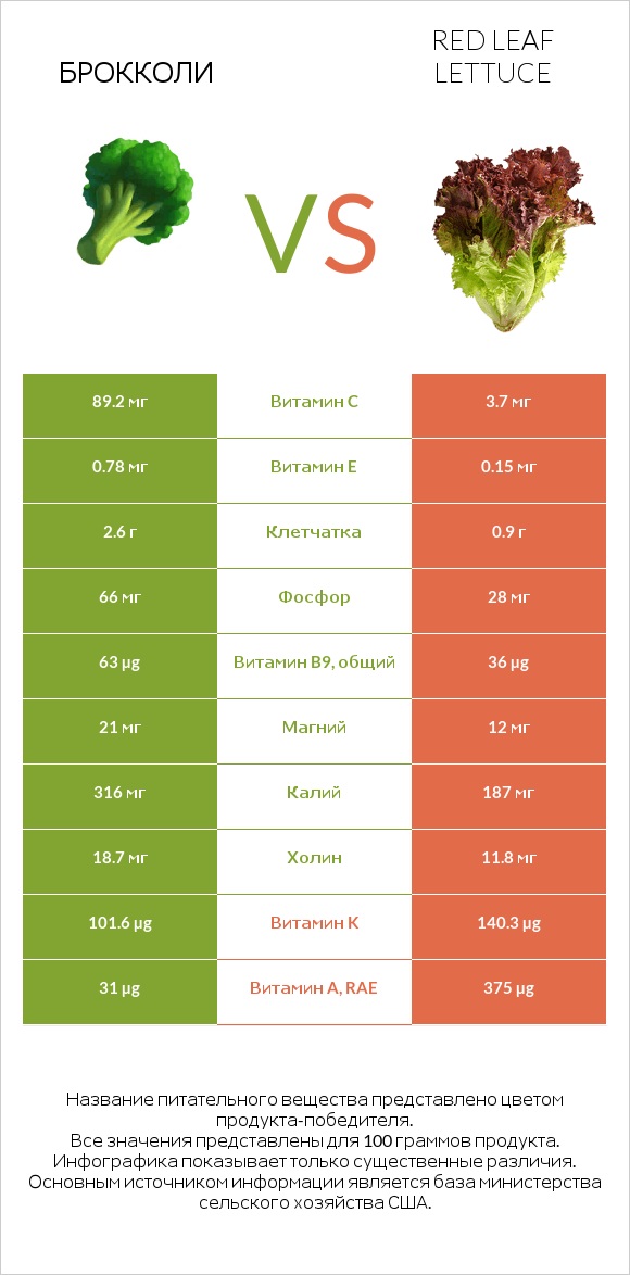 Брокколи vs Red leaf lettuce infographic