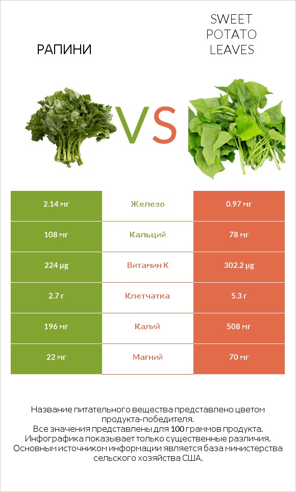 Рапини vs Sweet potato leaves infographic