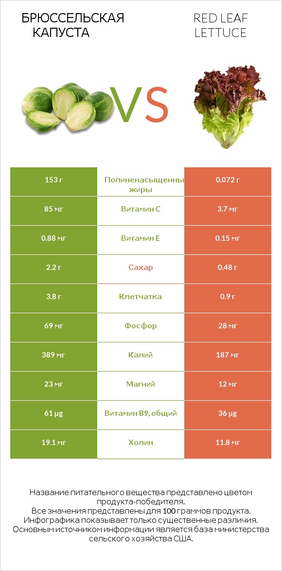 Брюссельская капуста vs Red leaf lettuce infographic