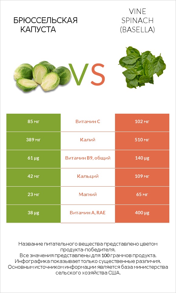 Брюссельская капуста vs Vine spinach (basella) infographic