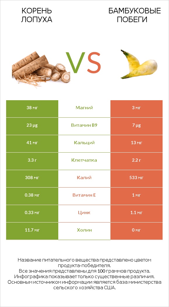 Корень лопуха vs Бамбуковые побеги infographic