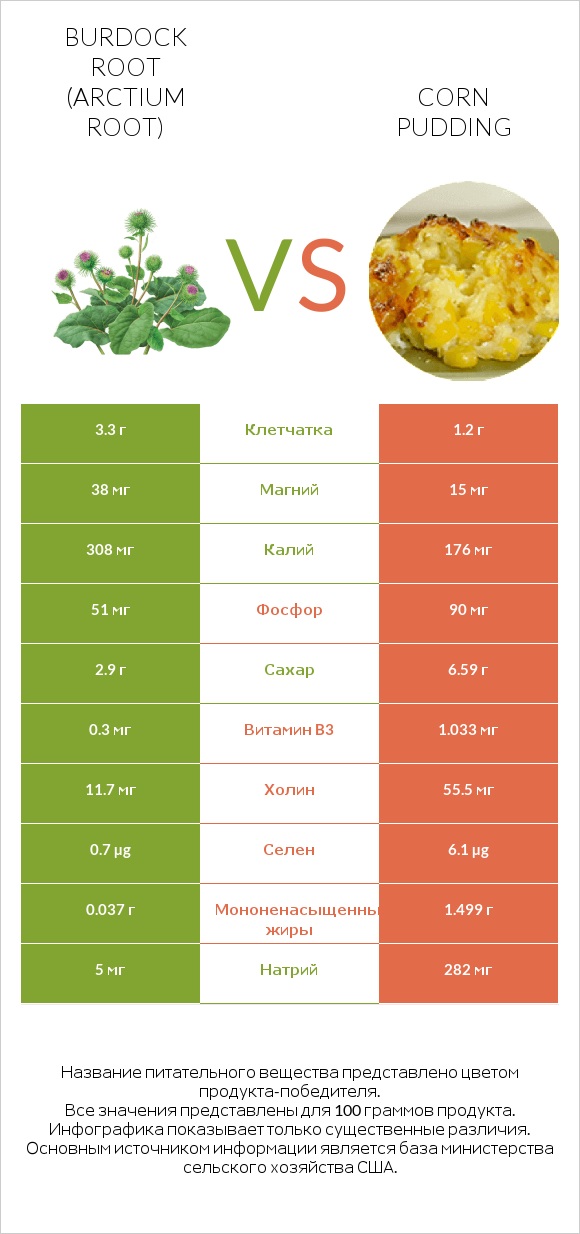 Burdock root vs Corn pudding infographic