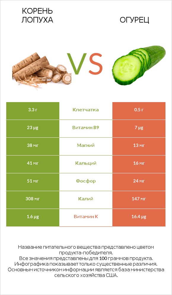 Корень лопуха vs Огурец infographic