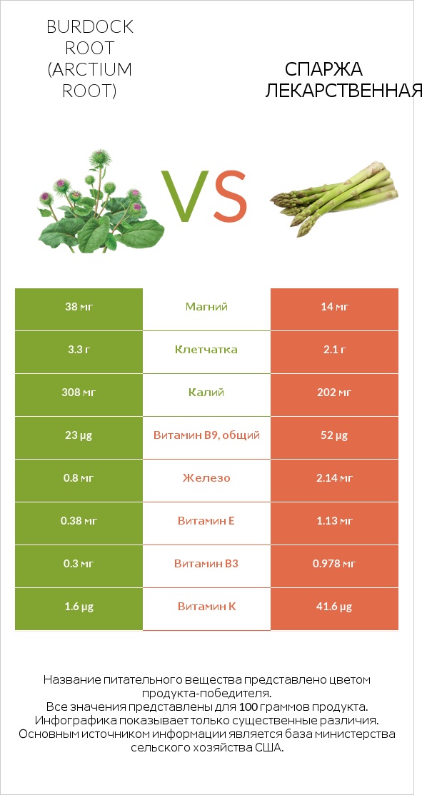 Burdock root vs Спаржа лекарственная infographic