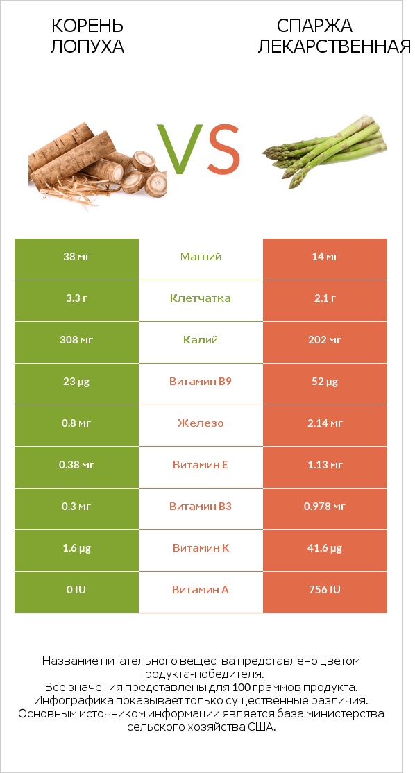 Корень лопуха vs Спаржа лекарственная infographic