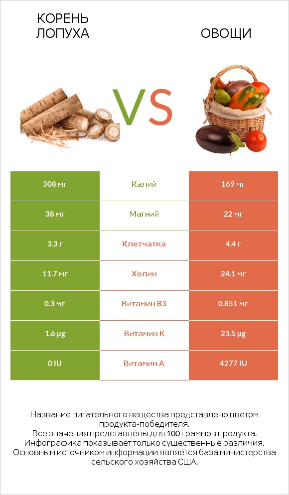 Корень лопуха vs Овощи infographic