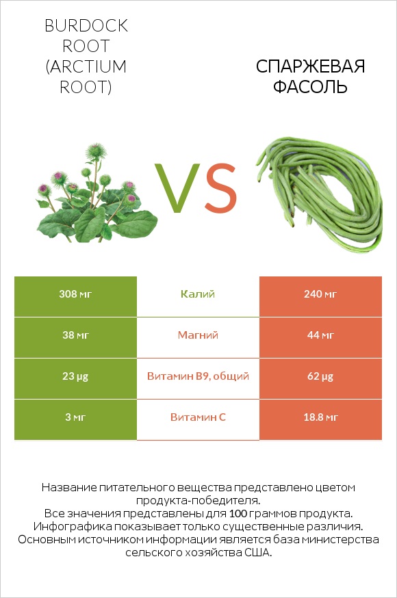 Burdock root vs Спаржевая фасоль infographic