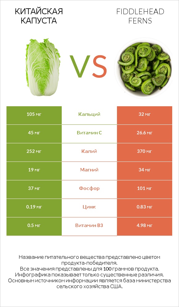 Китайская капуста vs Fiddlehead ferns infographic