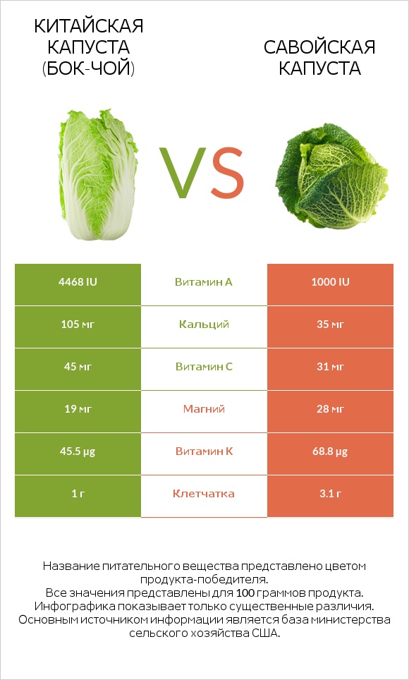 Китайская капуста (Бок-чой) vs Савойская капуста infographic