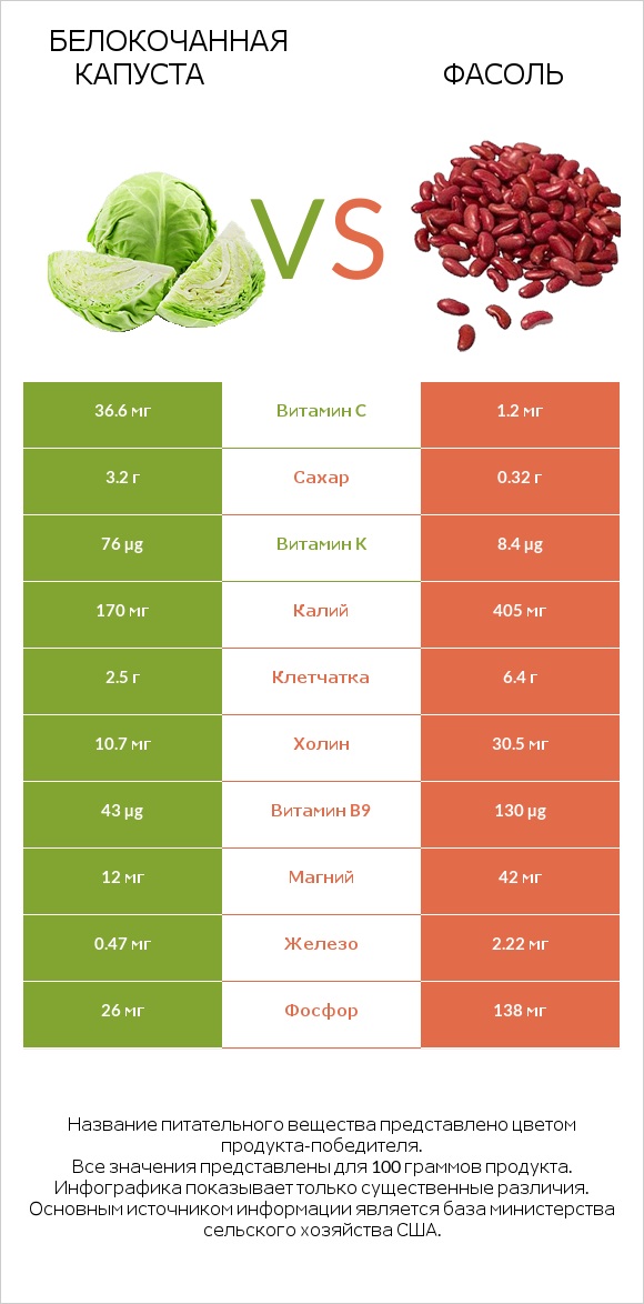 Белокочанная капуста vs Фасоль infographic