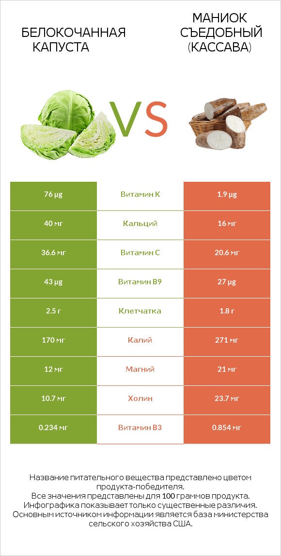 Белокочанная капуста vs Маниок съедобный (кассава) infographic