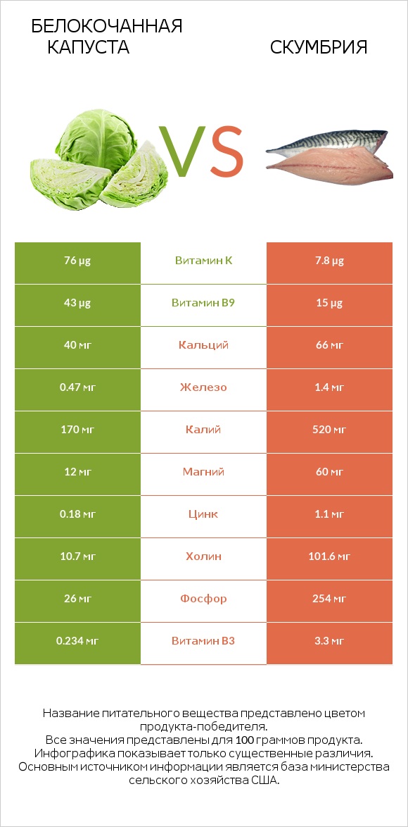 Белокочанная капуста vs Скумбрия infographic