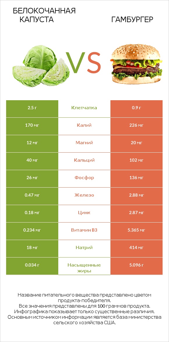 Белокочанная капуста vs Гамбургер infographic