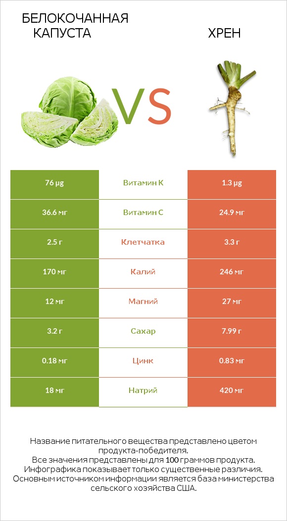 Белокочанная капуста vs Хрен infographic