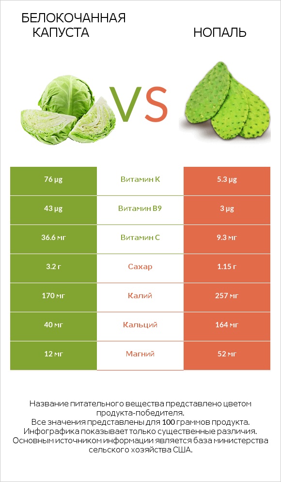 Белокочанная капуста vs Нопаль infographic