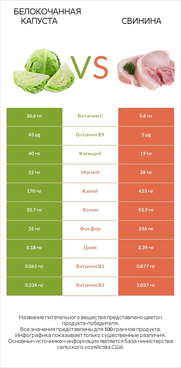 Белокочанная капуста vs Свинина infographic