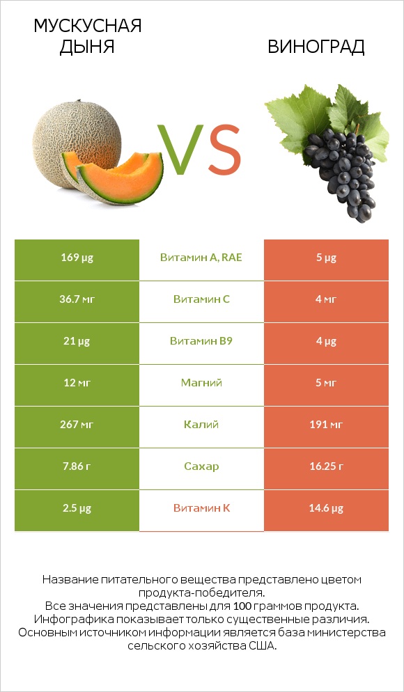 Мускусная дыня vs Виноград infographic