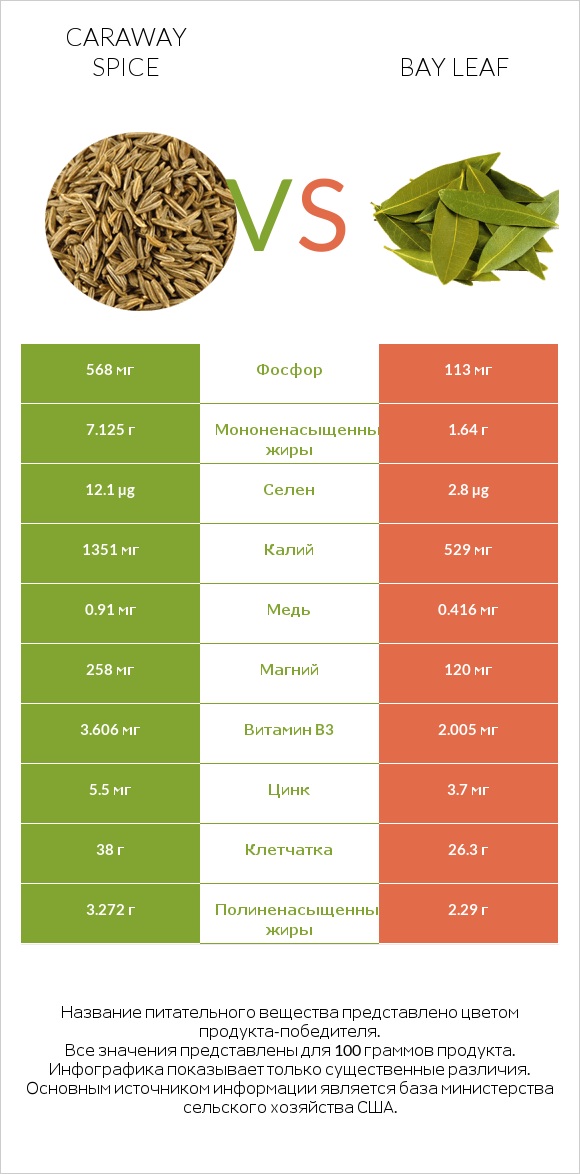 Caraway spice vs Bay leaf infographic
